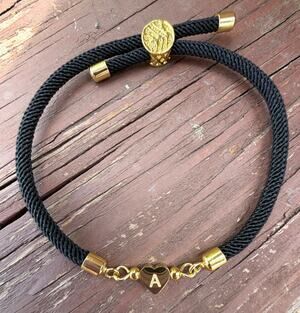Black Rope Letter "A" Gold Heart Bead Bracelet Women Minimalist Adjustable